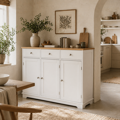 Totoro White Sideboard With Natural Top 3 Doors 3 Drawers 3 Shelves