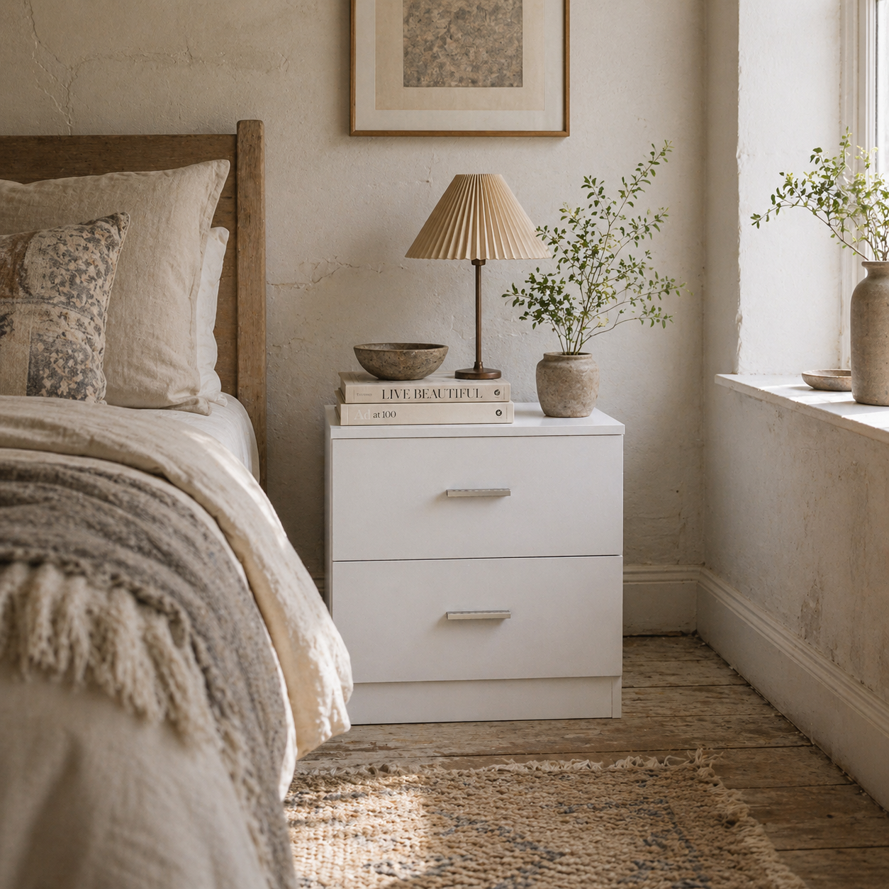 Kefa Yoka White Modern Bedside Table With 2 Drawer Storage