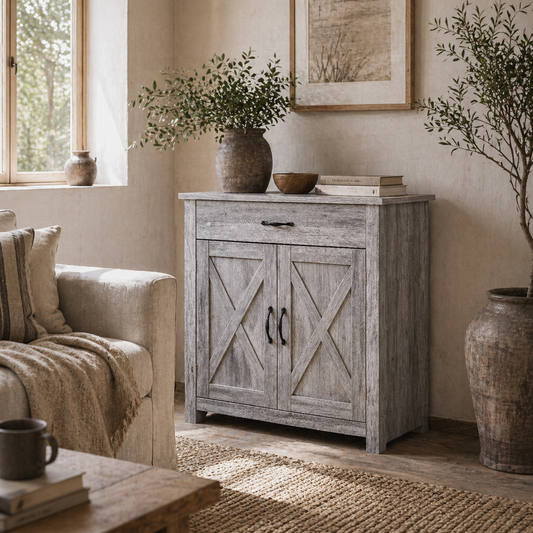 Toro Noyo Grey Wood Farmhouse Style Sideboard With Sliding Barn Doors