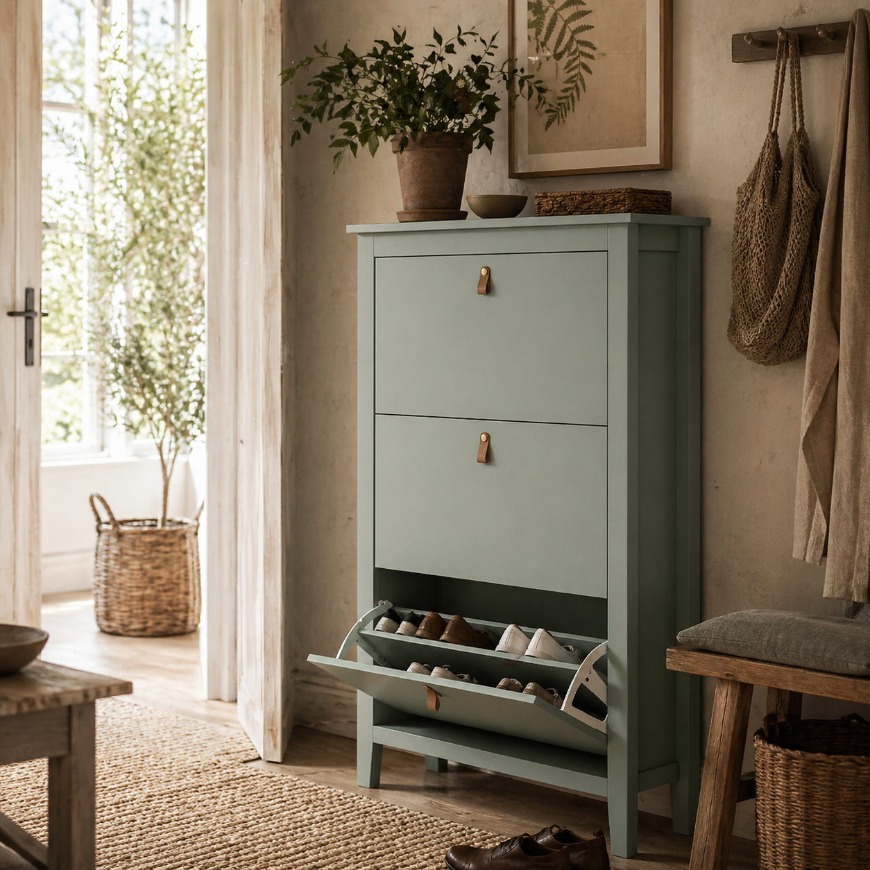 Diveve Wooden Mint Green Modern 3 Drawer Shoe Cabinet Faux Leather Handles