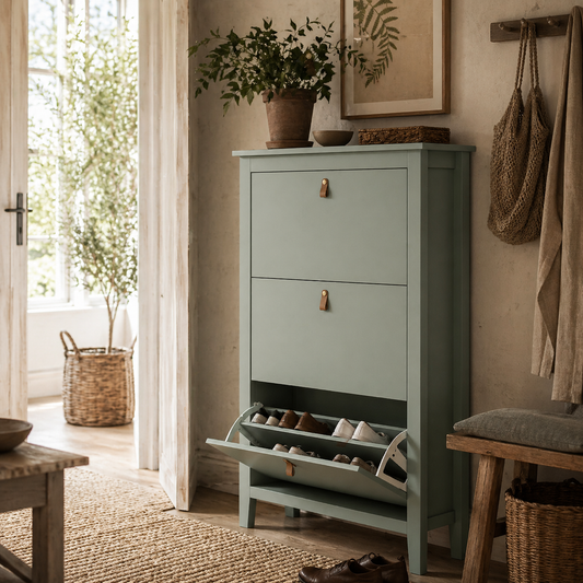 Diveve Wooden Mint Green Modern 3 Drawer Shoe Cabinet Faux Leather Handles