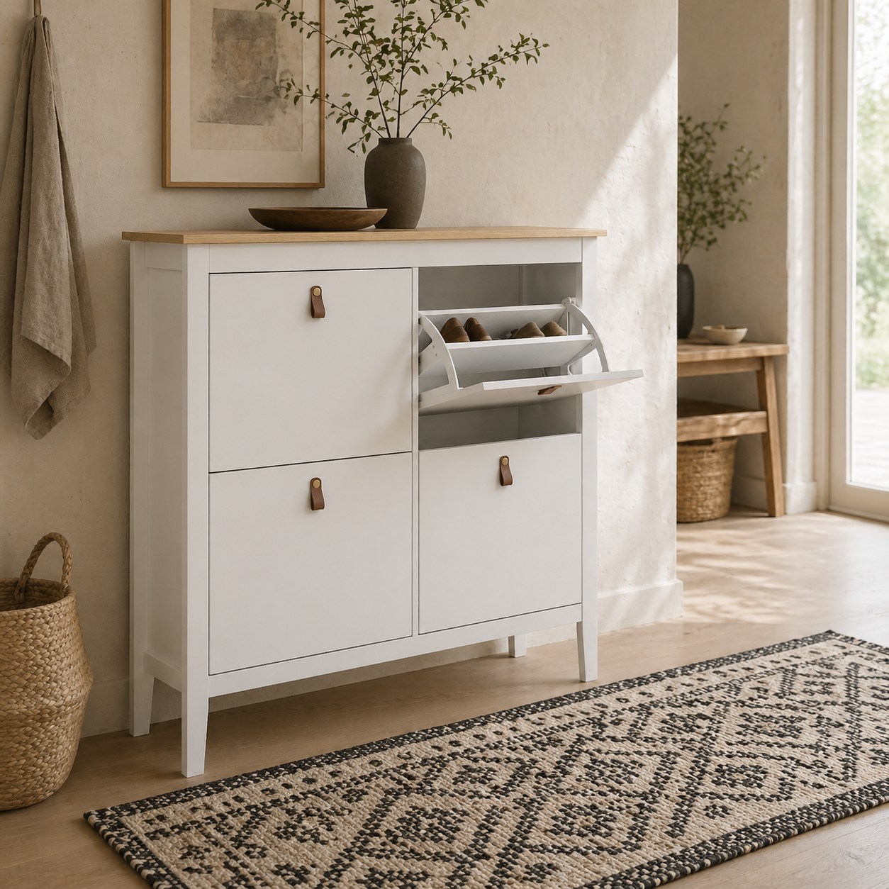 Milese Wooden White and Natural Modern 4 Drawer Shoe Cabinet Faux Leather Handles