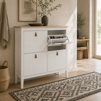 Milese Wooden White and Natural Modern 4 Drawer Shoe Cabinet Faux Leather Handles