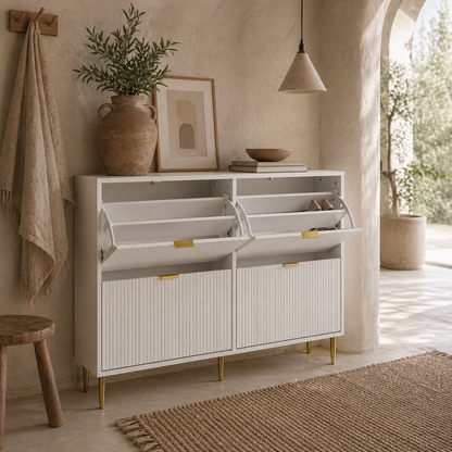 Rokake Wooden White Elegant 4 Drawer Shoe Cabinet Ribbed Design