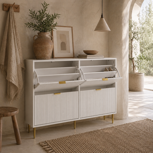 Rokake Wooden White Elegant 4 Drawer Shoe Cabinet Ribbed Design