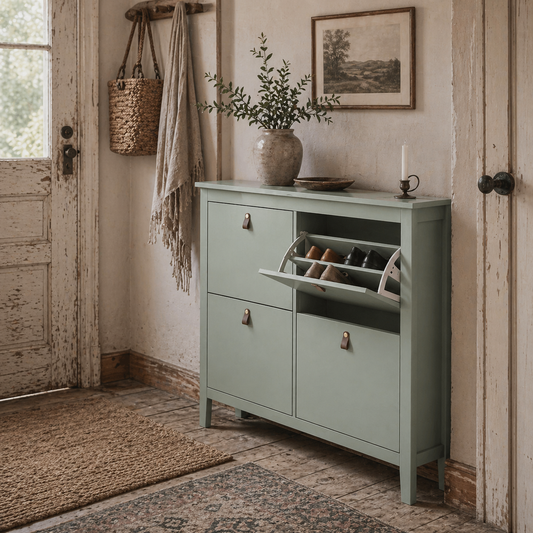 Margarita Wooden Mint Green 4 Drawer Shoe Cabinet Faux Leather Handles