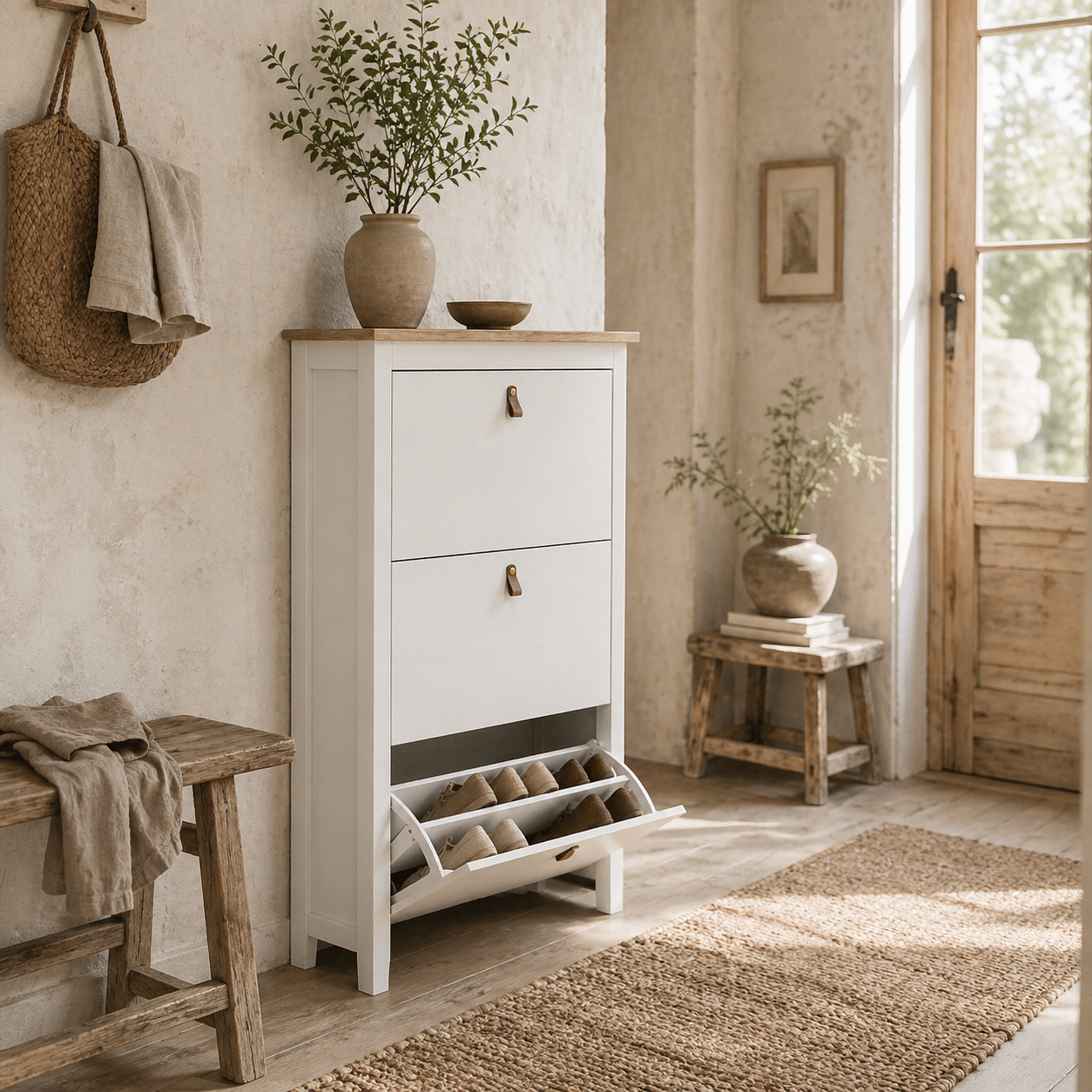 Makeve Wooden White and Natural Modern 3 Drawer Shoe Cabinet Faux Leather Handles