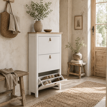 Makeve Wooden White and Natural Modern 3 Drawer Shoe Cabinet Faux Leather Handles