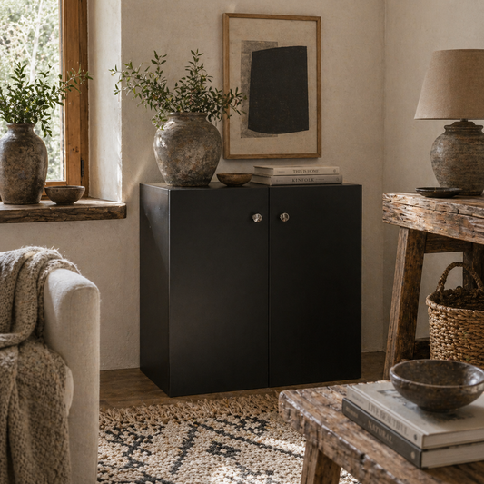 Cosofi Black Wood Freestanding Storage Cabinet 2 Doors 2 Shelves