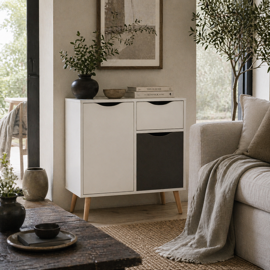 Suyopa Grey Wood Sideboard 1 Drawer 2 Doors Storage And Solid Wood Legs