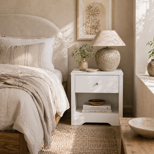 Nereva White Modern Bedside Table With Drawer And Shelf Storage