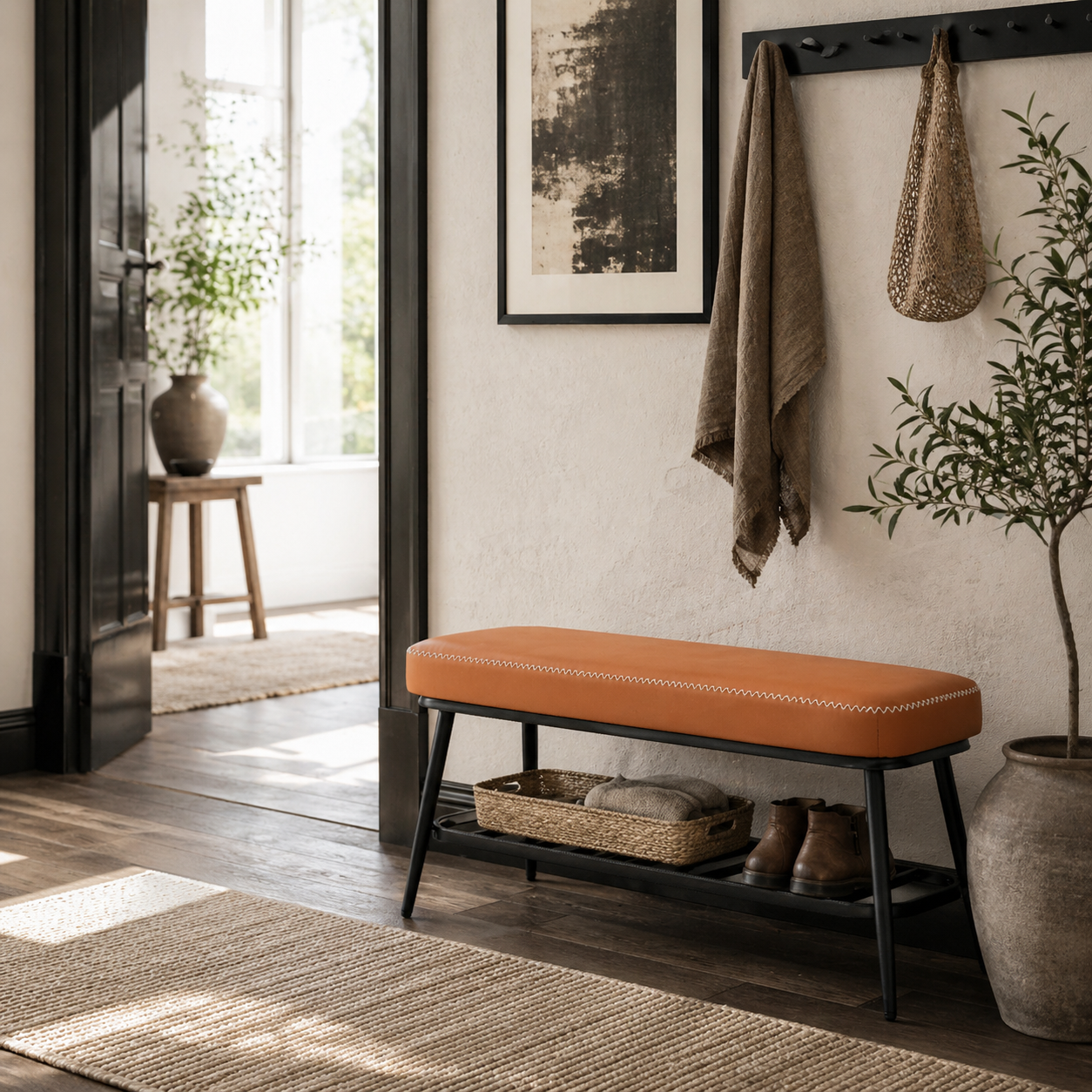 Elbani Faux Leather Orange Shoe Storage Bench With Cushioned Seat