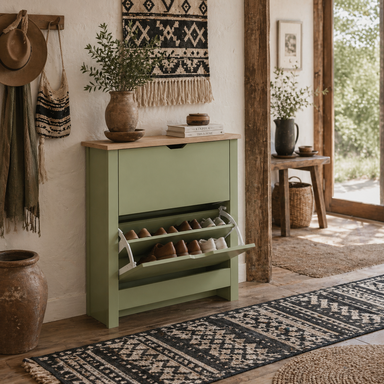 Wooden Green Slim Shoe Cabinet With 2 Flip Drawers For 12 Pairs