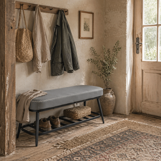 Hanoke Faux Leather Grey Shoe Storage Bench With Cushioned Seat