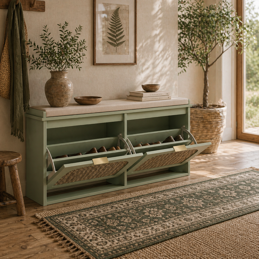 Rika Wooden Light Green Boho Style Shoe Bench With Cushioned Seat And 2 Flip Drawers