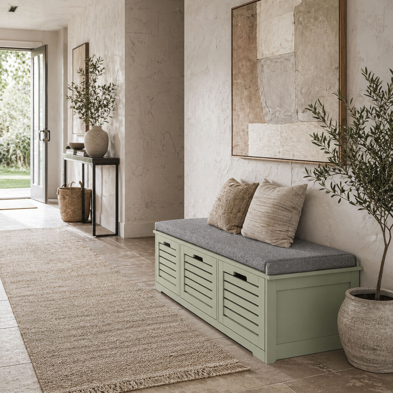 Dilena Wooden Green 3 Drawer Shoe Storage Bench with Grey Padded Seat