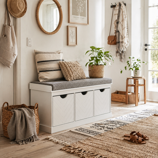 Reco Nolu Wooden White 3 Drawer Shoe Bench With Grey Padded Seat