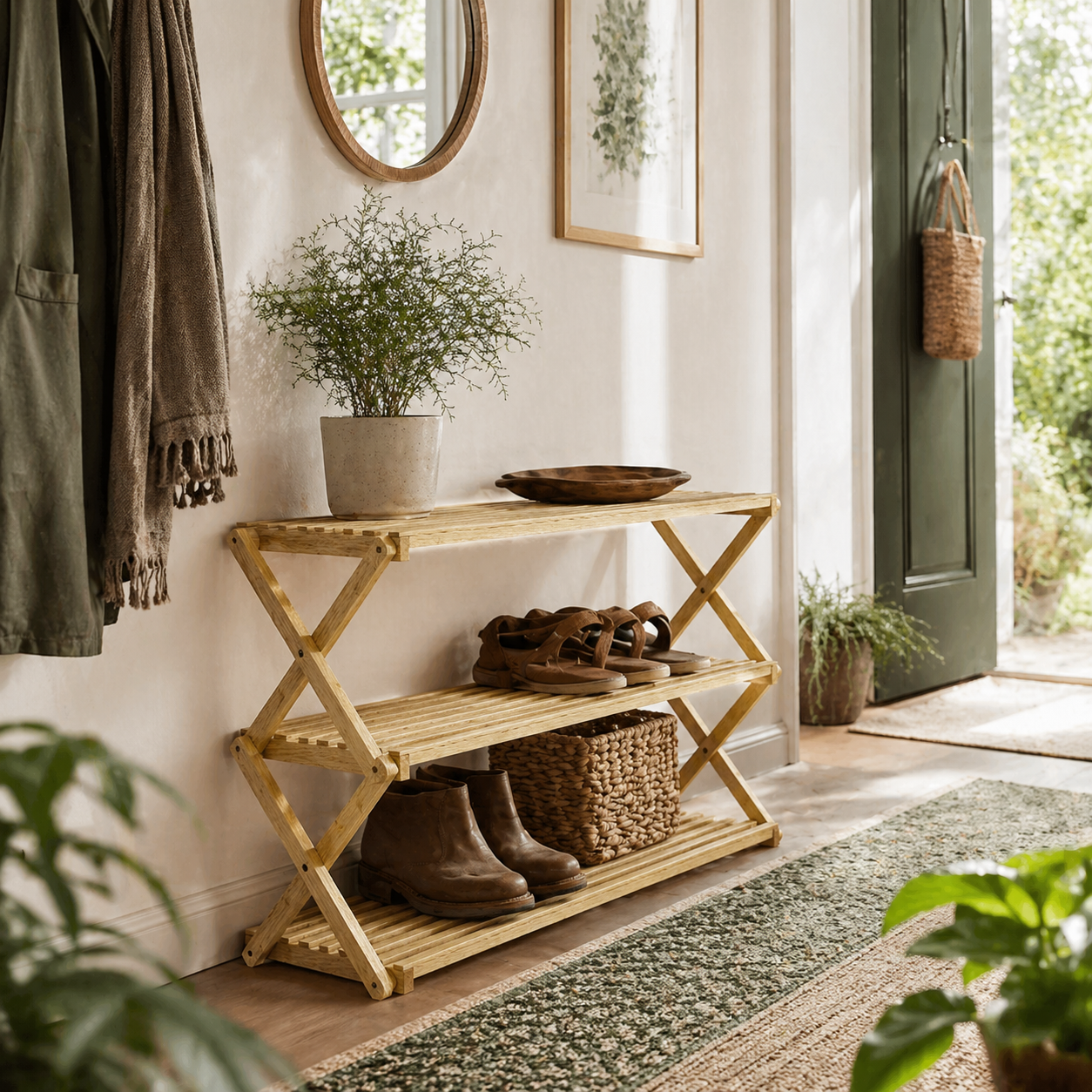 Palu Natural Bamboo 3 Tier Folding Shoe Rack