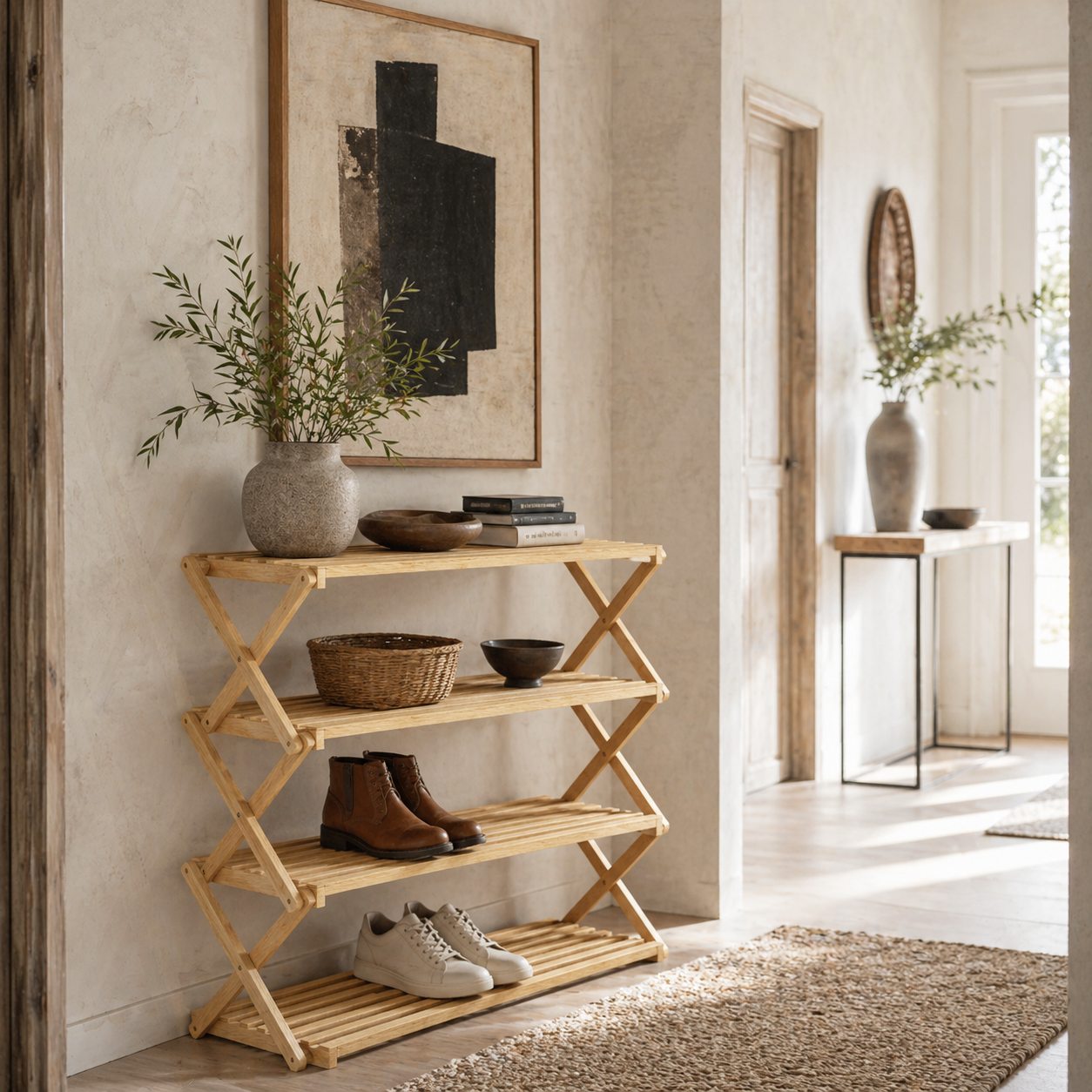 Taseyo Sori Natural Bamboo 4 Tier Folding Shoe Rack