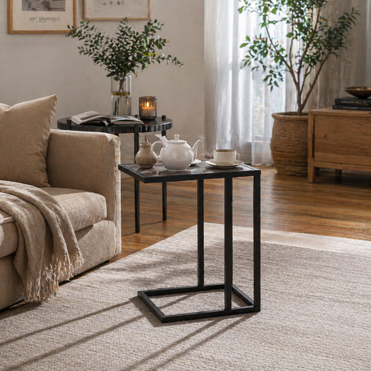 Nonili Metal And Wooden Grey Side Table With Marble Effect Top