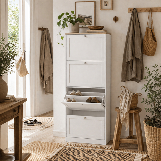 Fiyofa Wooden White Compact 4 Drawer Shoe Storage Cabinet