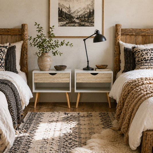 Leel Set Of 2 White and Natural Wood Bedside Tables With Drawer And Bottom Shelf