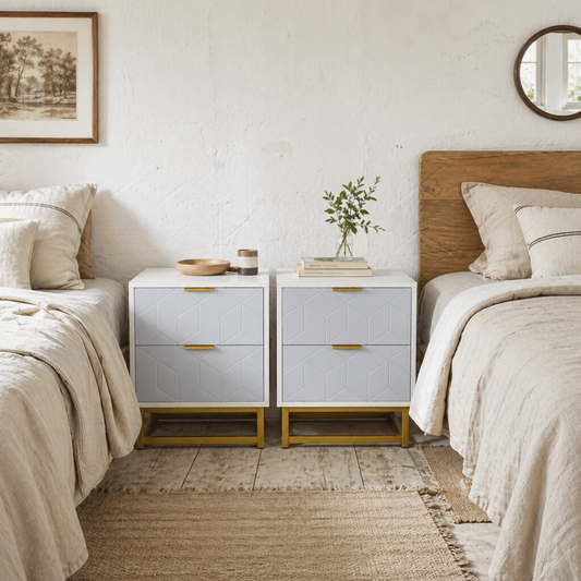 Ranere Metal Grey And White Set Of 2 Bedside Tables 2 Drawers with Gold Accents