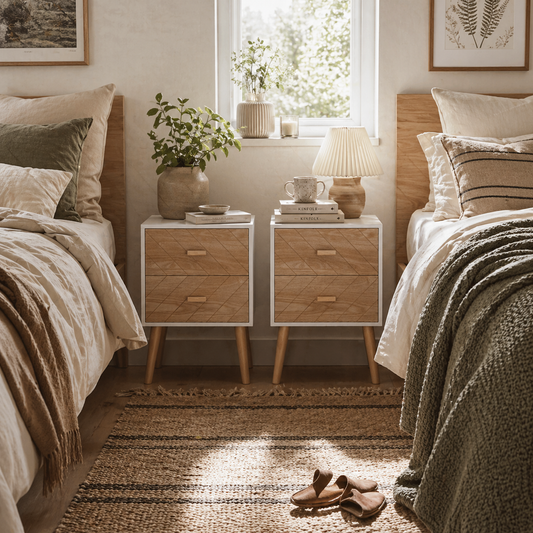 Elco Natural Wooden Set Of 2 Bedside Tables With 2 Drawers And Angled Legs