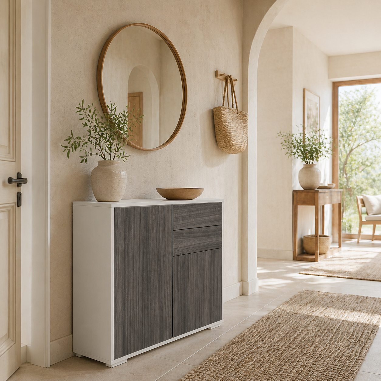 Luel High Gloss White and Grey Wood Effect Compact Sideboard With Push Open Drawer and 2 Doors