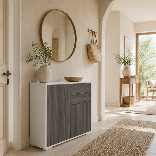 Luel High Gloss White and Grey Wood Effect Compact Sideboard With Push Open Drawer and 2 Doors