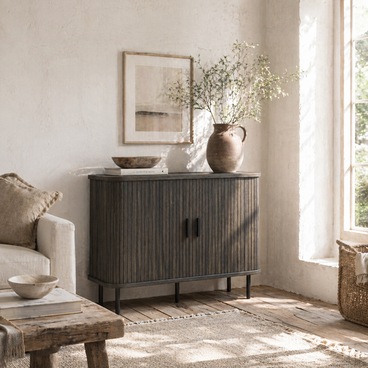 Tayoyo Grey Mid Century Sideboard With Slatted Sliding Doors And Steel Legs