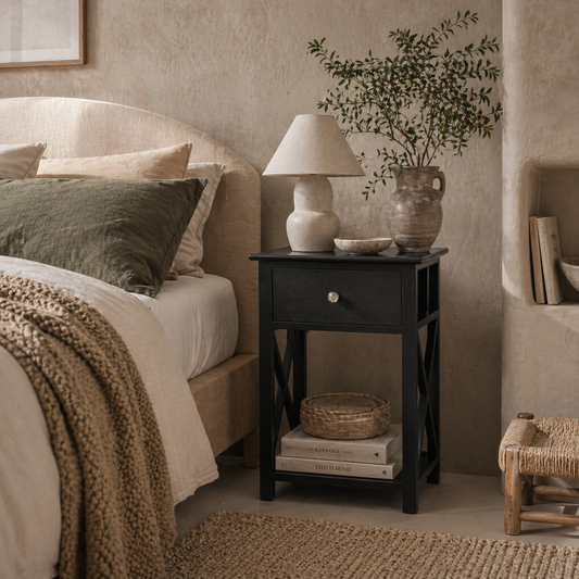Vidodo Black Wooden Bedside Table With Drawer X Bar Base And Lower Shelf