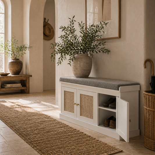 Wooden White Shoe Bench With 3 Woven Rattan Doors And Grey Padded Seat