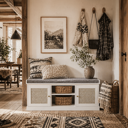 Bafisa Wooden White Boho Shoe Bench With Cushioned Seat And Rattan Doors