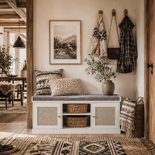Bafisa Wooden White Boho Shoe Bench With Cushioned Seat And Rattan Doors