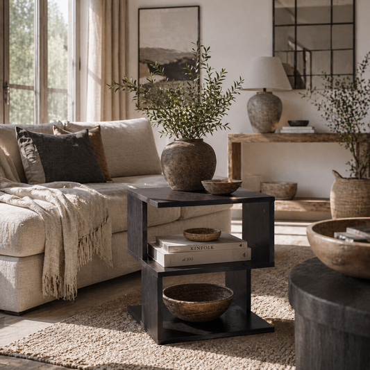 Moyofa Wooden Black Square Side Table With 2 Tier Storage
