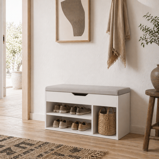 Zima Wooden White Shoe Storage Bench With Hidden Compartment And Grey Padded Seat