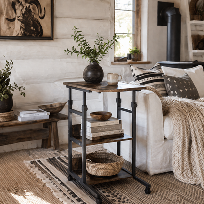 Comiro Metal Black Industrial Sofa Side Table With 3 Tier Shelves with Lockable Wheels
