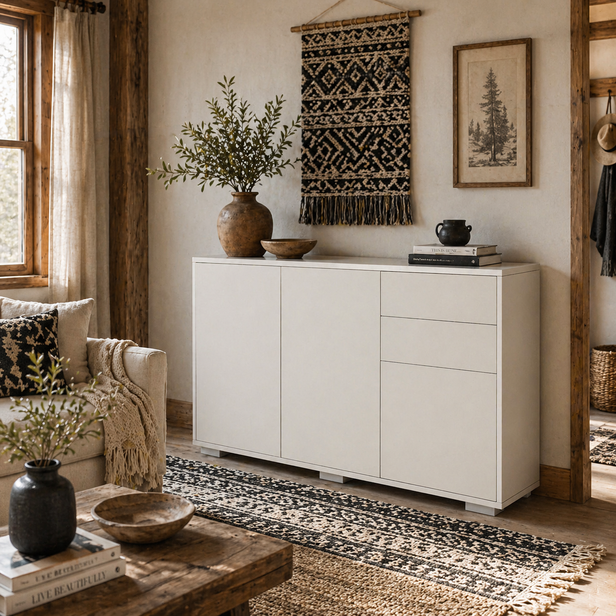 Talu High Gloss White Large Sideboard With 2 Drawers And Double Cabinets