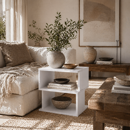 Masevi Wooden White Square Side Table With 2 Tier Storage