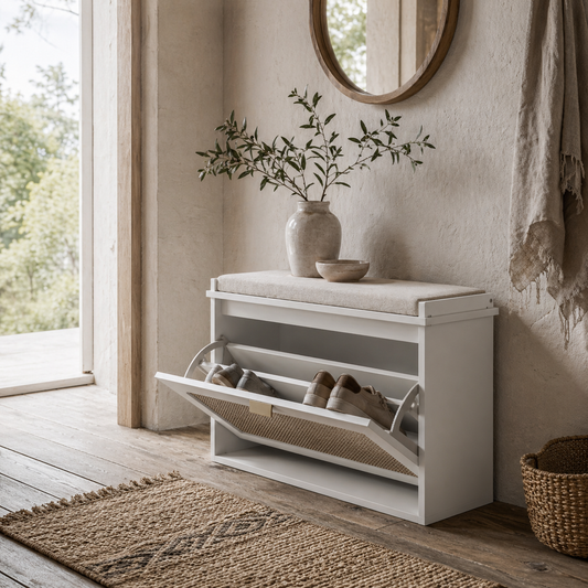 Kekami Wooden White Boho Style Shoe Bench With Cushioned Seat And Flip Drawer