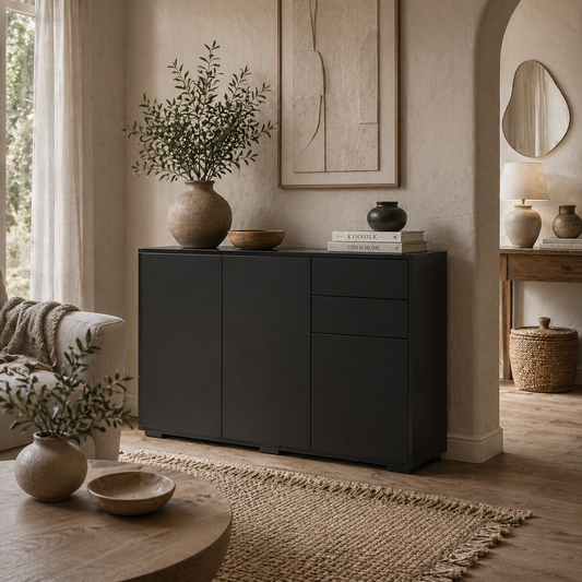 Lino High Gloss Black Sideboard With Push Drawers And 3 Doors