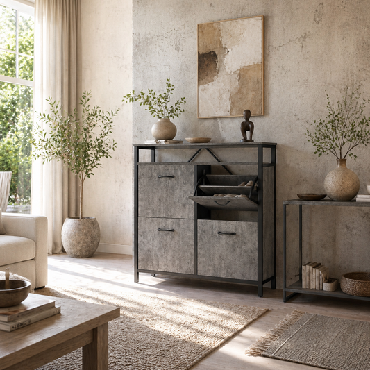 Verala Wooden Cement Effect Grey Shoe Cabinet With 4 Flip Drawers And Shelf