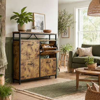 Vebael Wooden Rustic Brown Shoe Cabinet With 4 Flip Drawers And Shelf