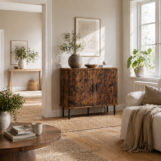 Lasa Rustic Brown Mid Century Sideboard With Slatted Sliding Doors And Steel Legs