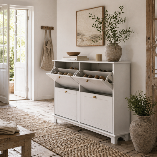 Zisuka Wooden White Slim Shoe Cupboard With 4 Flip Drawers For 16 Pairs