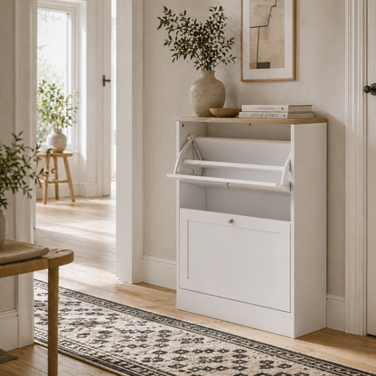 Lori Wooden White Natural Top Shoe Cabinet With 2 Flip Drawers