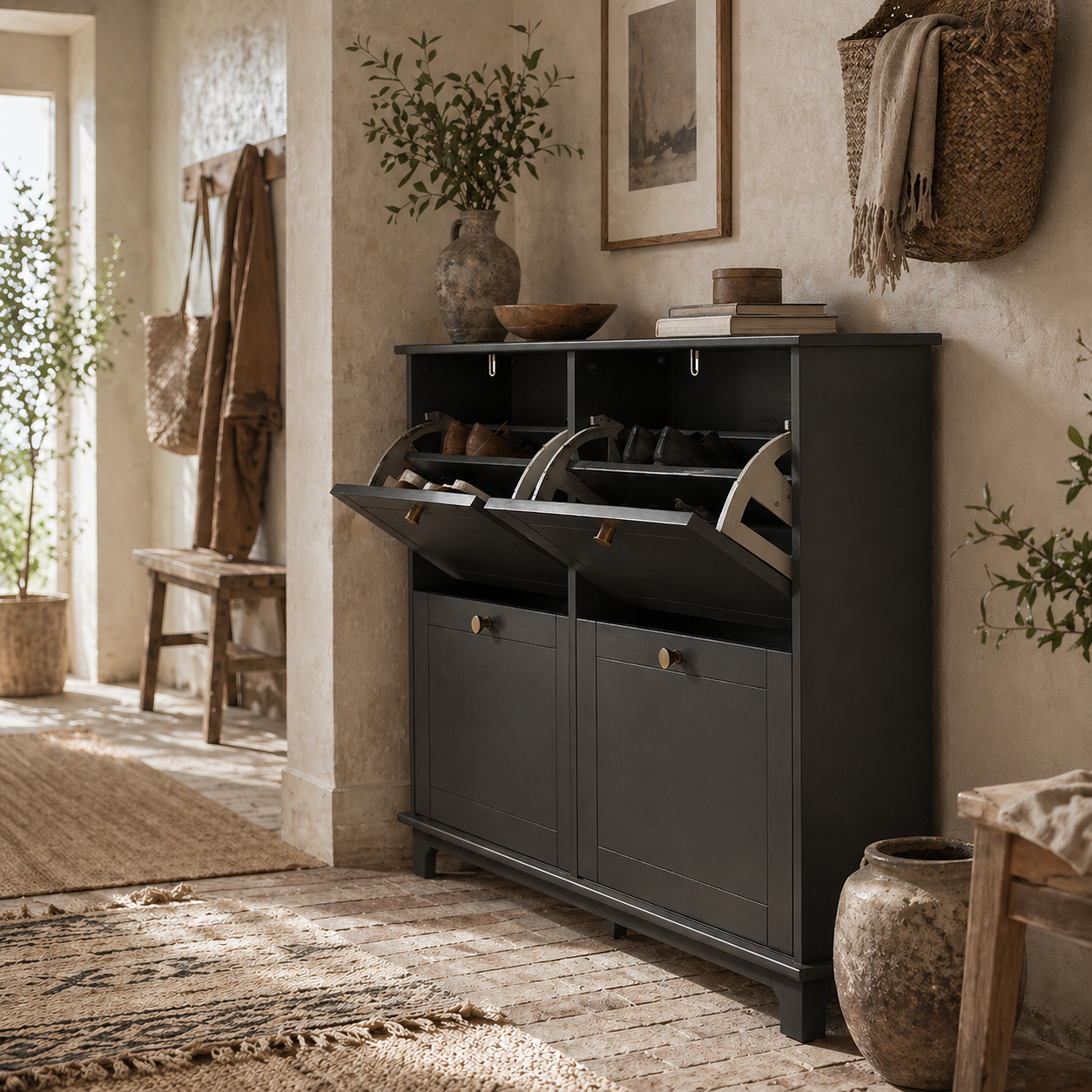 Serodo Wooden Black Slim Shoe Cupboard With 4 Flip Drawer For 16 Pairs