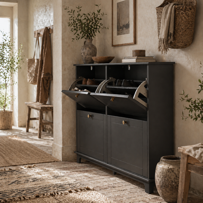 Serodo Wooden Black Slim Shoe Cupboard With 4 Flip Drawer For 16 Pairs