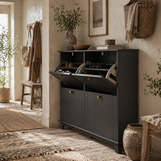 Serodo Wooden Black Slim Shoe Cupboard With 4 Flip Drawer For 16 Pairs